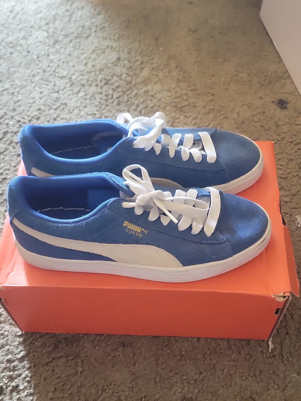 Puma Blue and White Suede Low-Top Sneakers